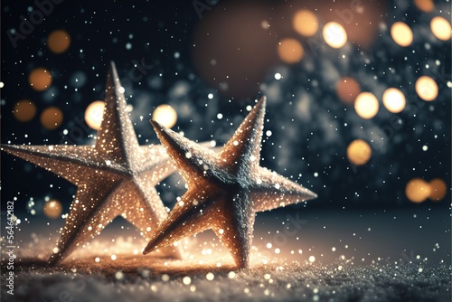 Defocus Christmas stars lights with falling snow, snowflakes, Winter and new year holidays. copy space.