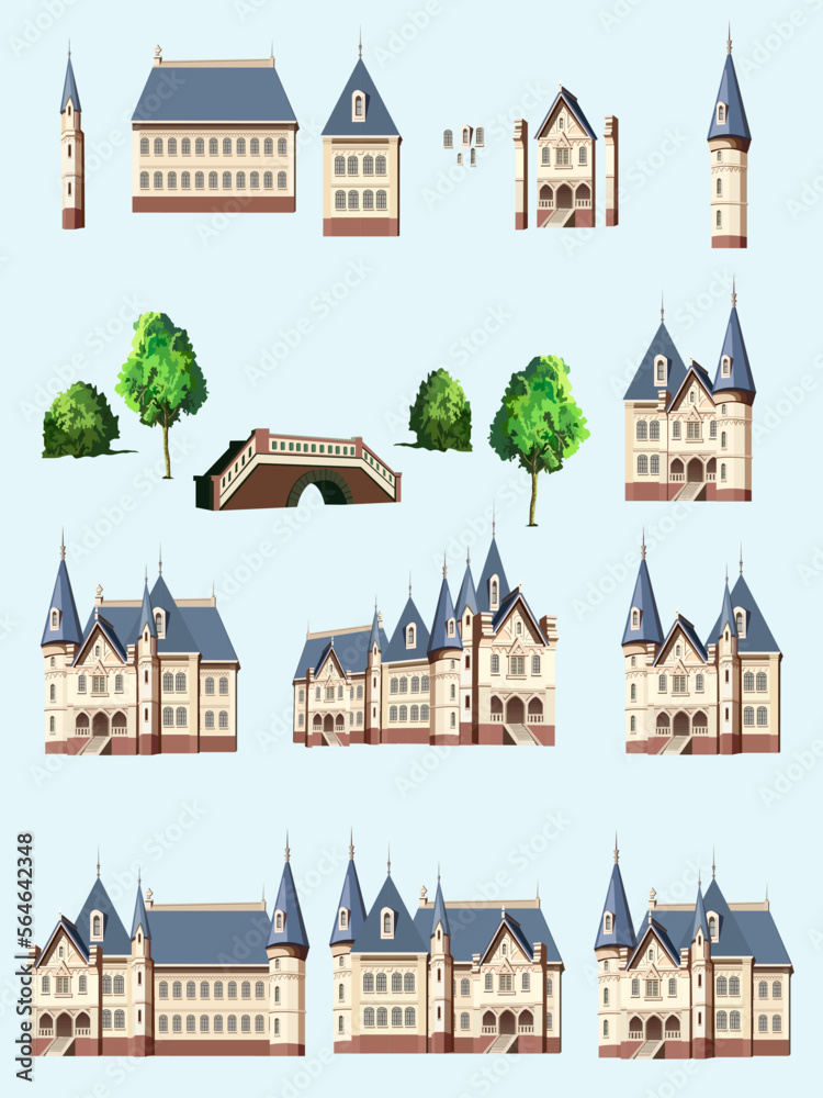 vector illustration depicting a set of houses, palaces, towers, bridges and other elements of parks in a fabulous colonial style to create and design other illustrations in vintage style