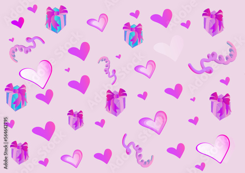 Illustration, gift wrap design, card for any occasion (mother's day, valentine's day, birthday) with pink, purple hearts. gift boxes and translucent elements on a light pink background. For flyers, ad