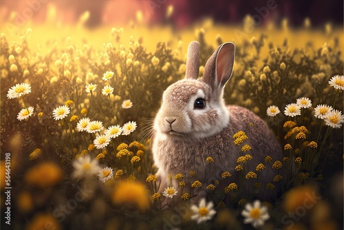 Easter bunny sits in the meadow, high grass, surrounded by colorful Easter eggs. Generative AI