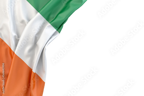 Flag of Ivory Coast in the corner on white background. Isolated. 3D illustration. Isolated
