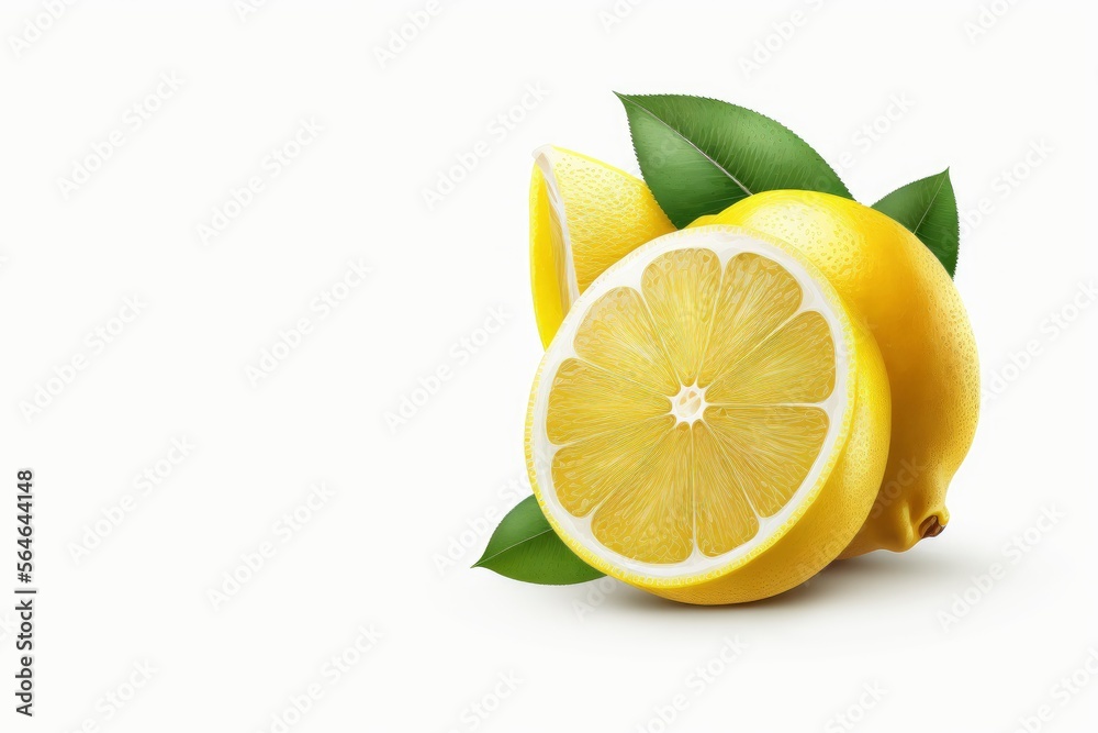 Lemon fruit with leaf isolated. Lemon whole, half, slice, leaves on white. Lemon slices with zest isolated. With clipping path. Full depth of field. generative ai Lemon fruit with leaf isolated. Lemon whole, half, slice, leaves on white. Lemon slices with zest isolated. With clipping path. Full depth of field. generative ai