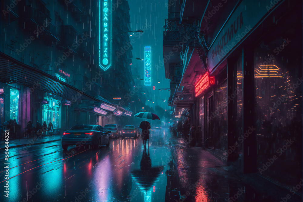 Fictional city lights night scene created with Generative AI technology