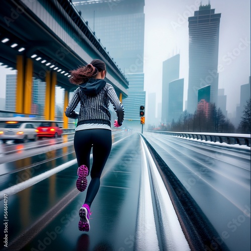 a beautiful girl with an athletic figure, running down a city street, rain, back view, fantasy, ai