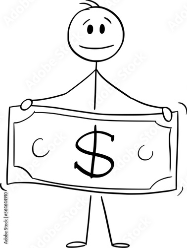 Person Holding Dollar Bill, Vector Cartoon Stick Figure Illustration