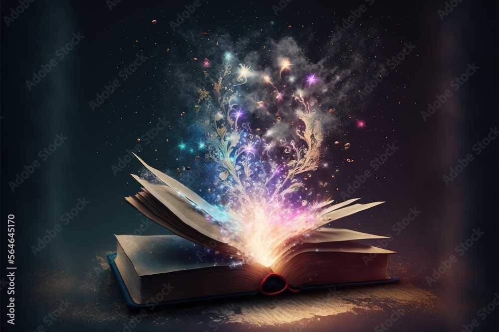An illustration of an open magical fantasy book with a magical particle ...