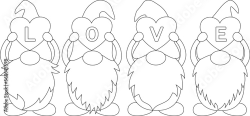 Valentine's day Gnome with hearts coloring vector illustration