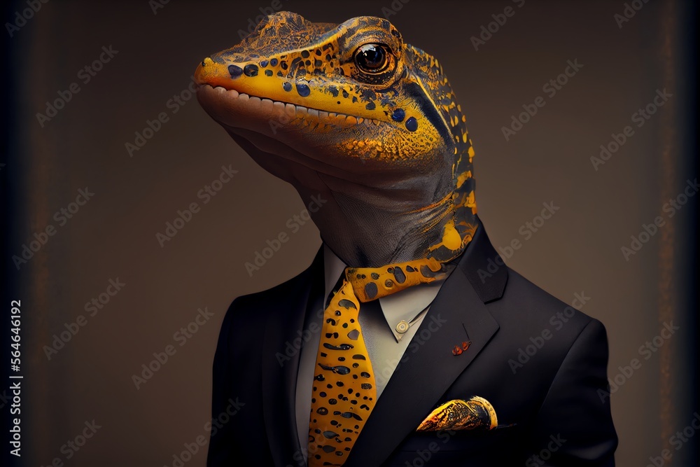 Portrait of a Salamander dressed in a formal business suit. Generative AI Portrait of a Salamander dressed in a formal business suit. Generative AI