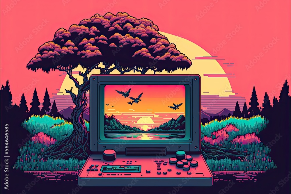 Pixel art old video game console in landscape, background in retro ...