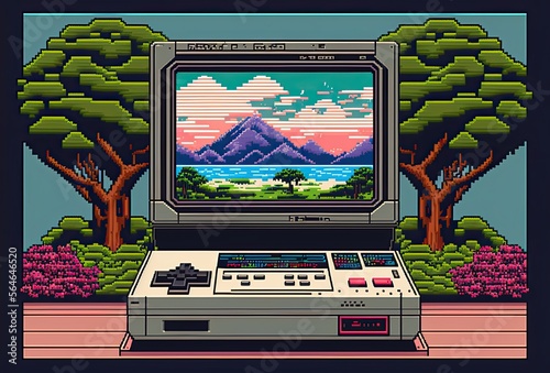 Pixel art old video game console in landscape, background in retro style for 8 bit game, Generative AI