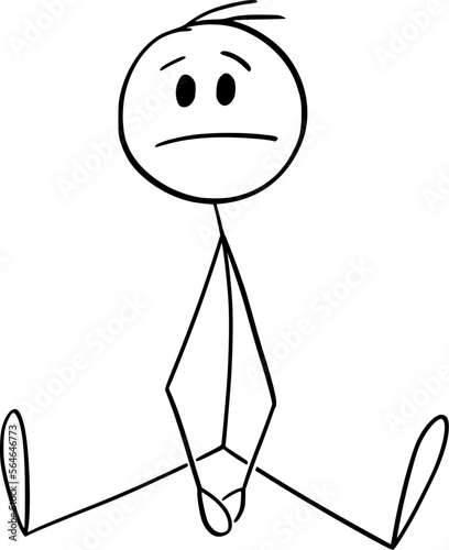 Unhappy Person Sitting om Ground , Vector Cartoon Stick Figure Illustration