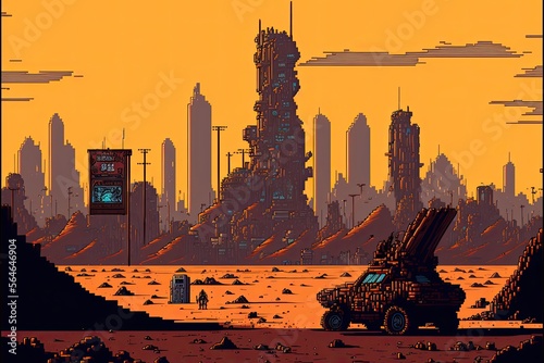 Pixel art destroyed city in post-apocalyptic world, background in retro style for 8 bit game, Generative AI