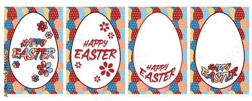 模様つきタマゴを並べた背景とHAPPY EASTERの文字のグリーティングカード素材セット