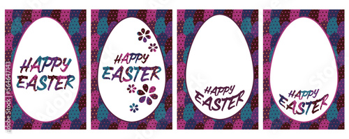 模様つきタマゴを並べた背景とHAPPY EASTERの文字のグリーティングカード素材セット