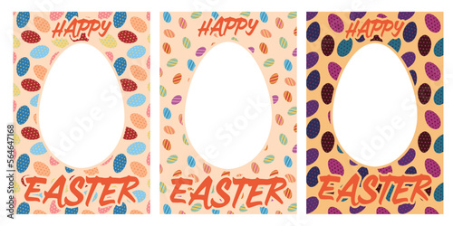 模様つきタマゴを並べた背景とHAPPY EASTERの文字のグリーティングカード素材セット