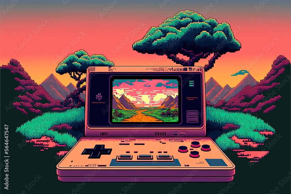 Illustrazione Stock Pixel art old video game console in landscape,  background in retro style for 8 bit game, Generative AI | Adobe Stock