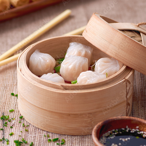 Dim sum in bamboo bowls, chinese food