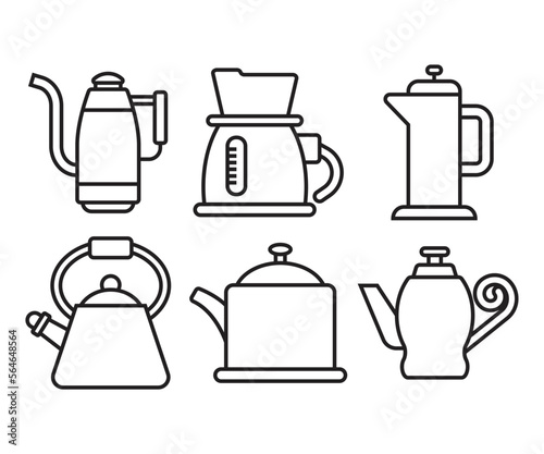 kettle and teapot icons set line illustration