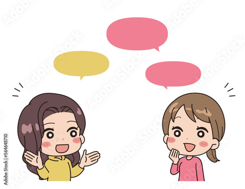 An illustration of the upper body of women having a conversation, with a speech bubble.