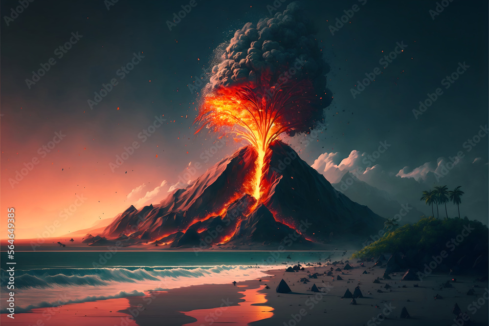 An illustration of a powerful Vulcan eruption, depicting the destruction of a mountain as lava and ash spew from a crater in the rock. Generative AI