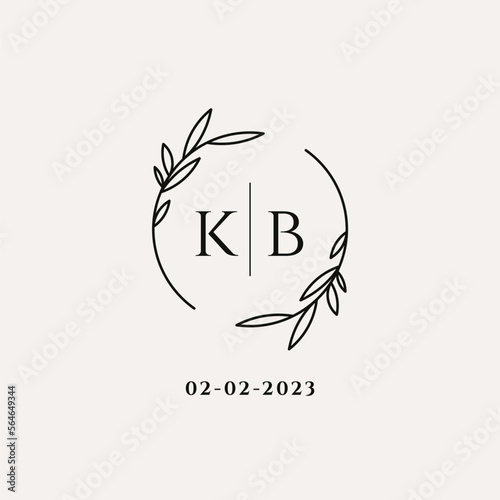 Letter KB wedding monogram logo design with simple natural circle leaf frame photo