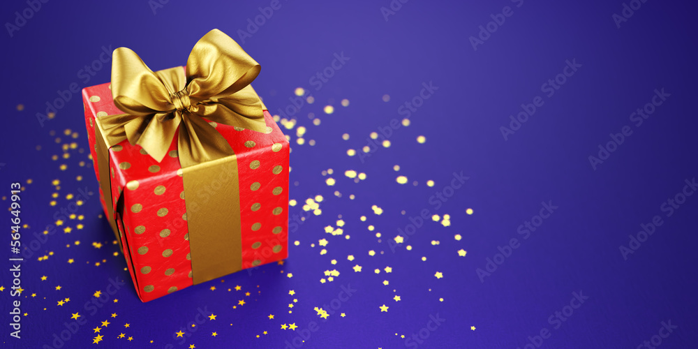 Fototapeta premium Christmas gift decoration on a blue bokeh light background. 3d