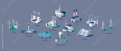 Electric energy power station plants. Sustainable generations. Mix of solar, water, fossil, wind, nuclear, coal, gas, biomass, geothermal, battery storage and grid lines. Renewable pollution resources (ID: 564649925)