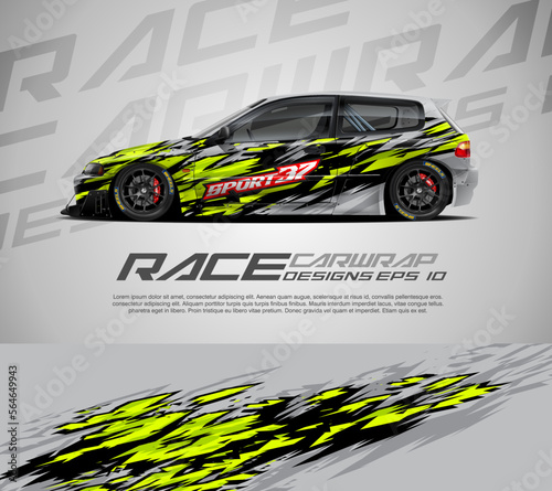 Sport car wrap decal design vector for race car, pickup truck, rally, adventure vehicle,  and sport livery. Graphic abstract stripe racing background kit designs. 