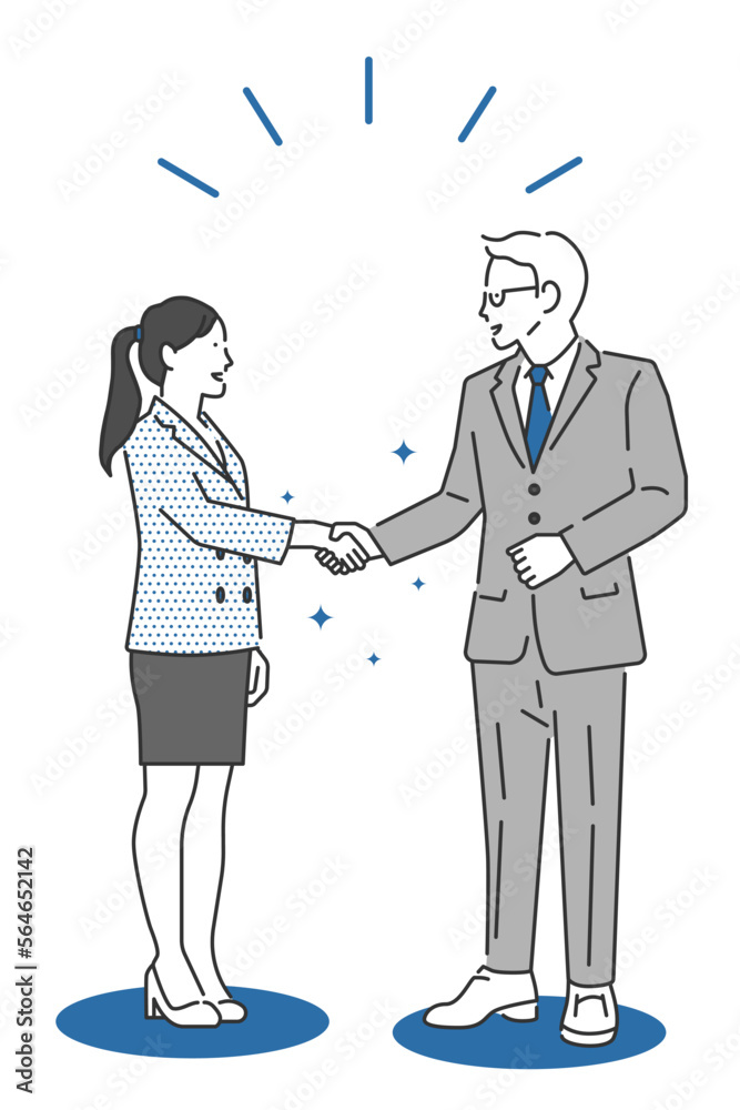Illustration of a female employee asking for a handshake from her boss's payment approval congratulating her on her promotion and employment Illustration of a female employee asking for a handshake from her boss's payment approval congratulating her on her promotion and employment