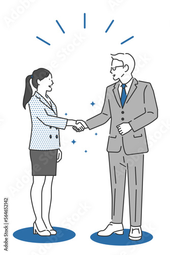Illustration of a female employee asking for a handshake from her boss's payment approval congratulating her on her promotion and employment