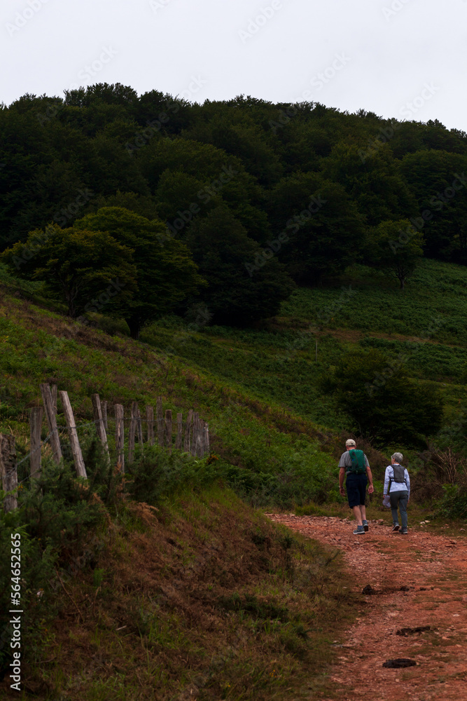 Couple of Pilgrims along the Camino de Santiago, French Pyrenees Couple of Pilgrims along the Camino de Santiago, French Pyrenees
