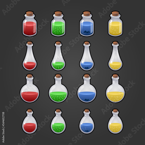 Game icon of magic elixir. Interface for mobile game. Magic bottles set. Vector illustration. Isolated on dark background.