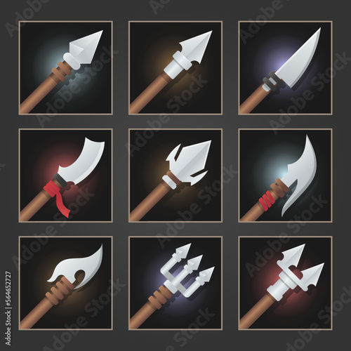Collection of decoration weapon for games. Set of silver weapons. Vector illustration.