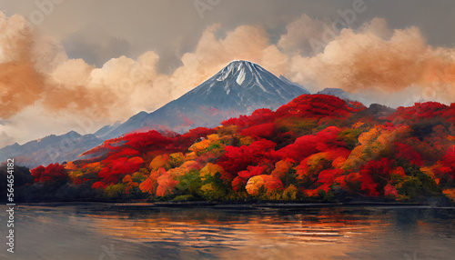 Colorful autumn season and Mountain Fuji with red leaves at lake Kawaguchiko in Japan photo
