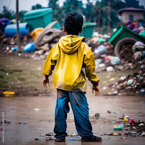 a boy in a garbage dump, a plastic dump, an environmental and social problem, fantasy, ai
