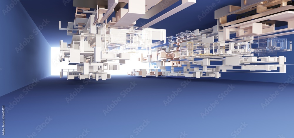 Luxury parametric abstract architectural minimalistic background. Contemporary showroom. Modern blue exhibition tunnel. Empty gallery. Stand, table. Interior backlight. 3D illustration and rendering.