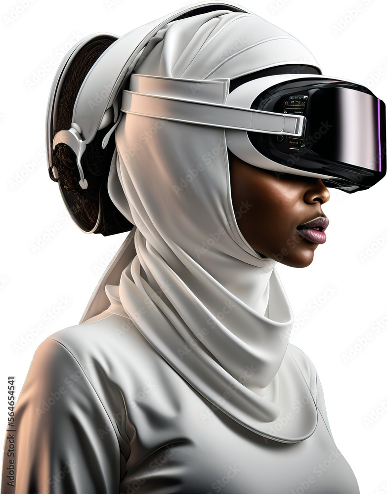 A beautiful African girl with an AR helmet and a white hijab without a background | Generative AI Production