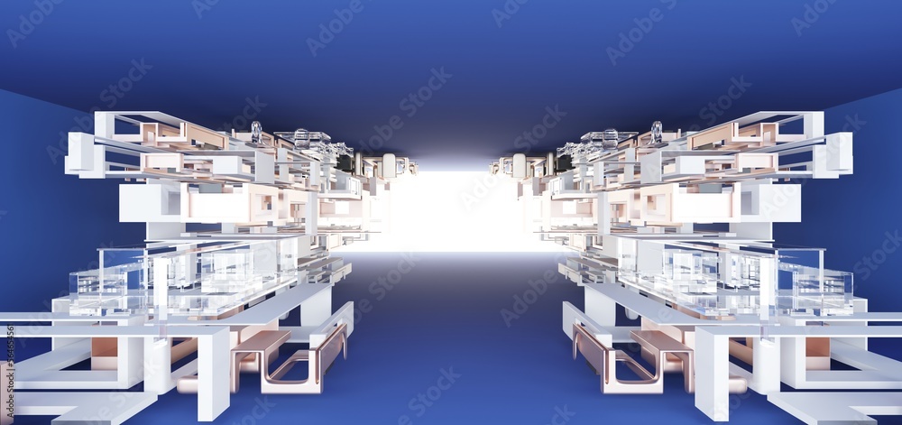 Luxury parametric abstract architectural minimalistic background. Contemporary showroom. Modern blue exhibition tunnel. Empty gallery. Stand, table. Interior backlight. 3D illustration and rendering.
