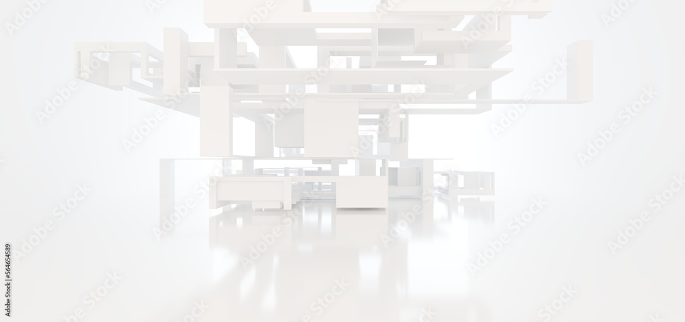 Luxury white abstract architectural minimalistic background. Contemporary showroom. Modern exhibition stand. Empty gallery. Backlight. Polygonal Graphic Design. 3D illustration and rendering.