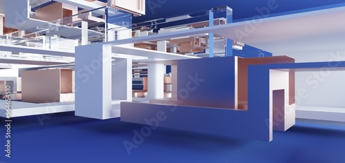 Obraz na płótnie Luxury parametric abstract architectural minimalistic background. Contemporary showroom. Modern blue exhibition tunnel. Empty gallery. Stand, table. Interior backlight. 3D illustration and rendering. w salonie