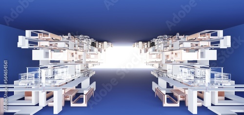 Obraz na płótnie Luxury parametric abstract architectural minimalistic background. Contemporary showroom. Modern blue exhibition tunnel. Empty gallery. Stand, table. Interior backlight. 3D illustration and rendering. w salonie