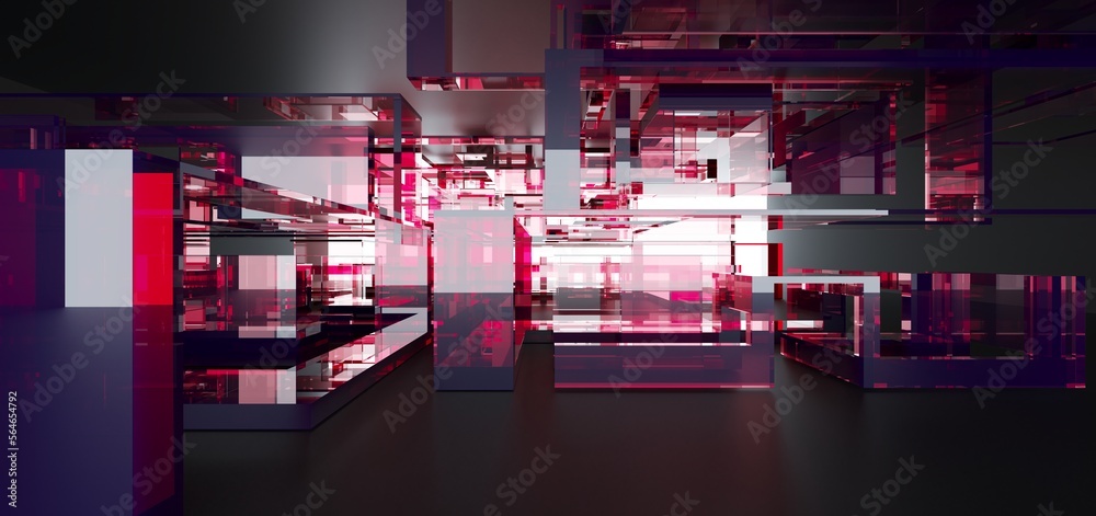 Luxury parametric abstract architectural minimalistic background. Contemporary showroom. Modern black exhibition tunnel. Empty gallery. Stand, table. Interior backlight. 3D illustration and rendering.