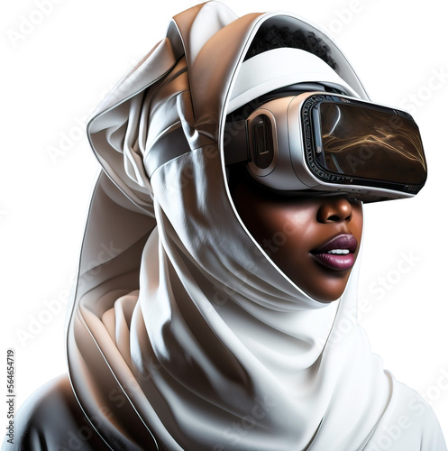 A beautiful Arabian girl with a VR helmet and a white hijab without a background | Generative AI Production