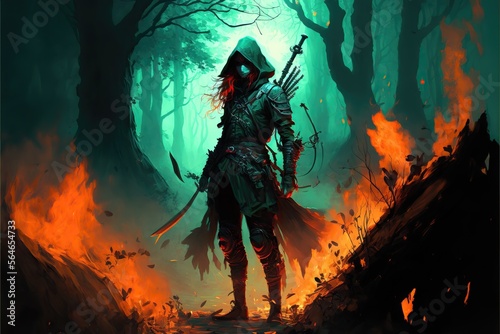 a fantasy woman rogue with many weapons in a burning forest, illustration generative ai photo