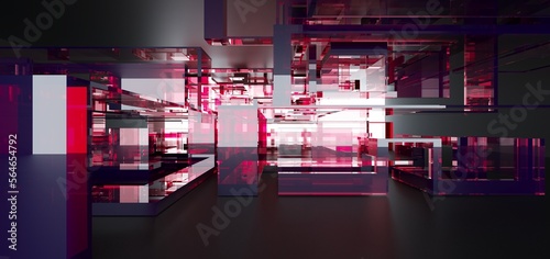 Luxury parametric abstract architectural minimalistic background. Contemporary showroom. Modern black exhibition tunnel. Empty gallery. Stand, table. Interior backlight. 3D illustration and rendering.