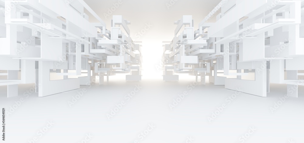 Luxury white abstract architectural minimalistic background. Contemporary showroom. Modern exhibition stand. Empty gallery. Backlight. Polygonal Graphic Design. 3D illustration and rendering.