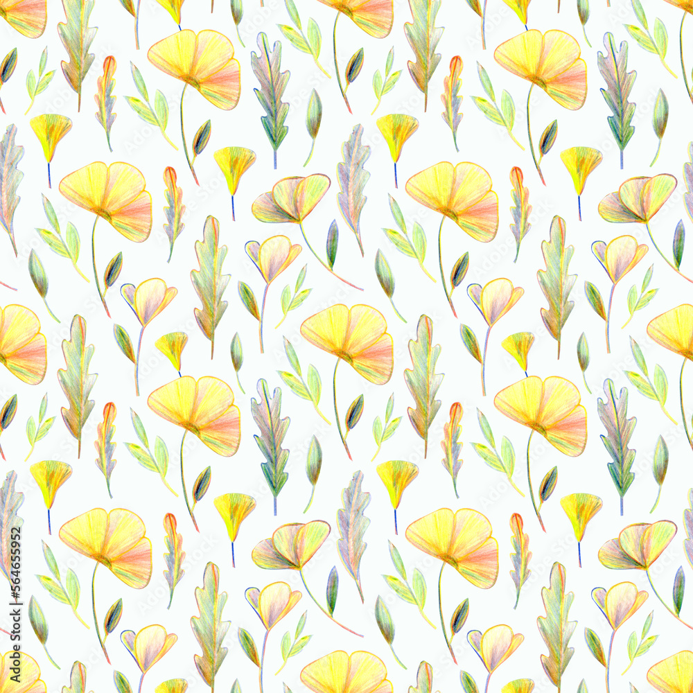Seamless pattern with yellow flowers and leaves. The pencil drawing is made by hand. Seamless pattern with yellow flowers and leaves. The pencil drawing is made by hand.