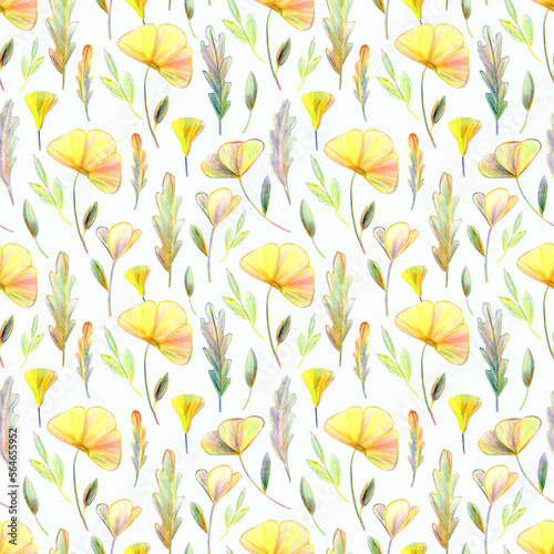Seamless pattern with yellow flowers and leaves. The pencil drawing is made by hand.