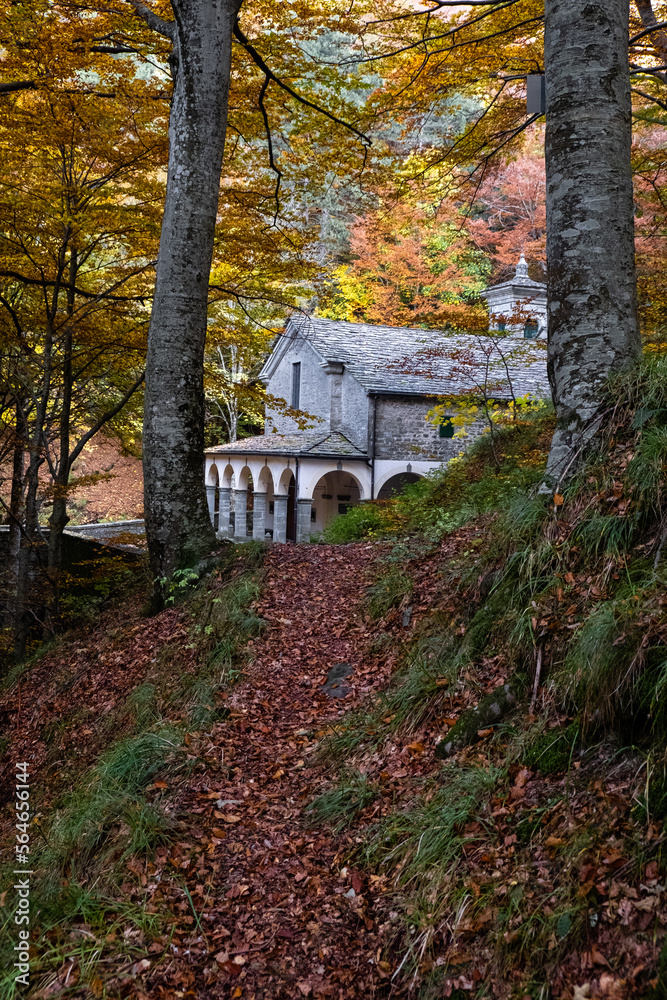 The ancient sanctuary of Madonna del Faggio surrounded by autumn's colored trees The ancient sanctuary of Madonna del Faggio surrounded by autumn's colored trees