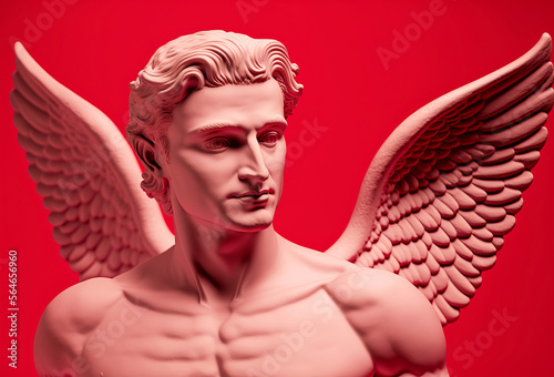 Statue of cupid god of love against a red background. Generative ai photo